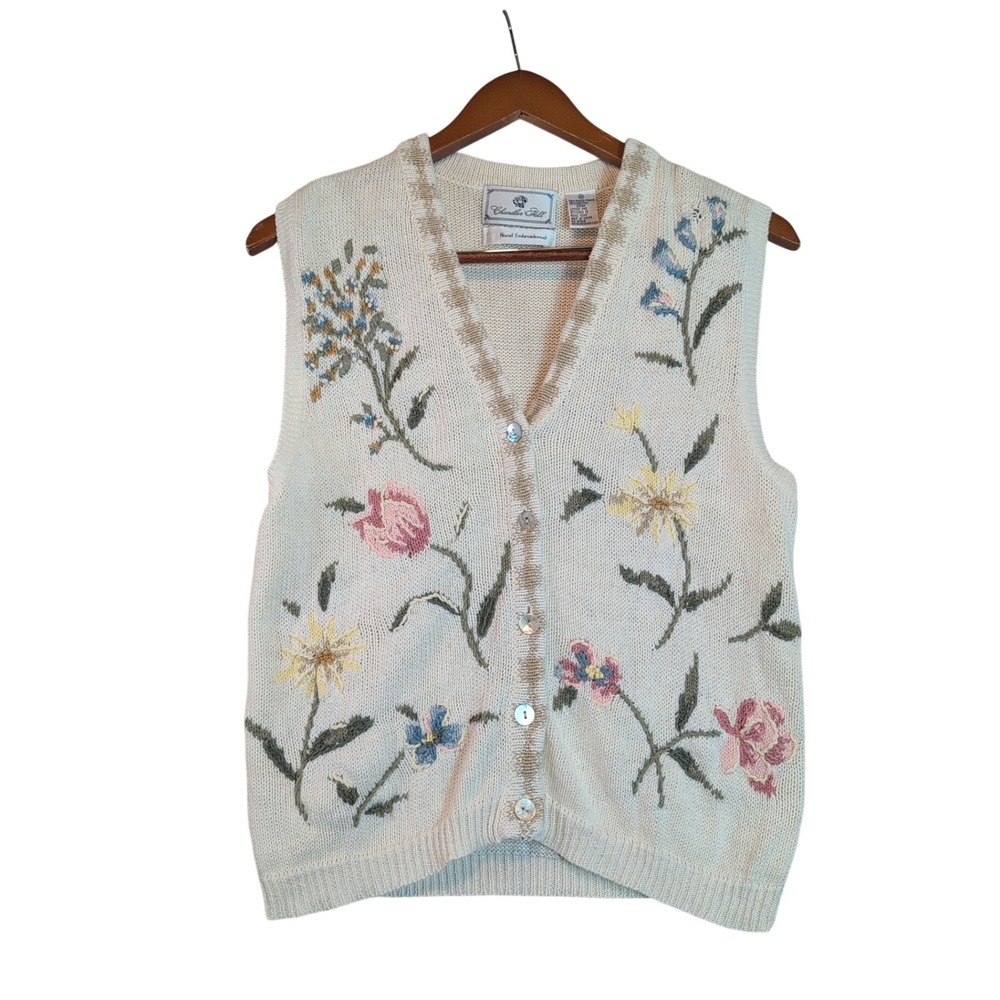 Chandler Hill VTG Hand Embroidered Floral Sweater Vest Cream Sz Md Cottagecore